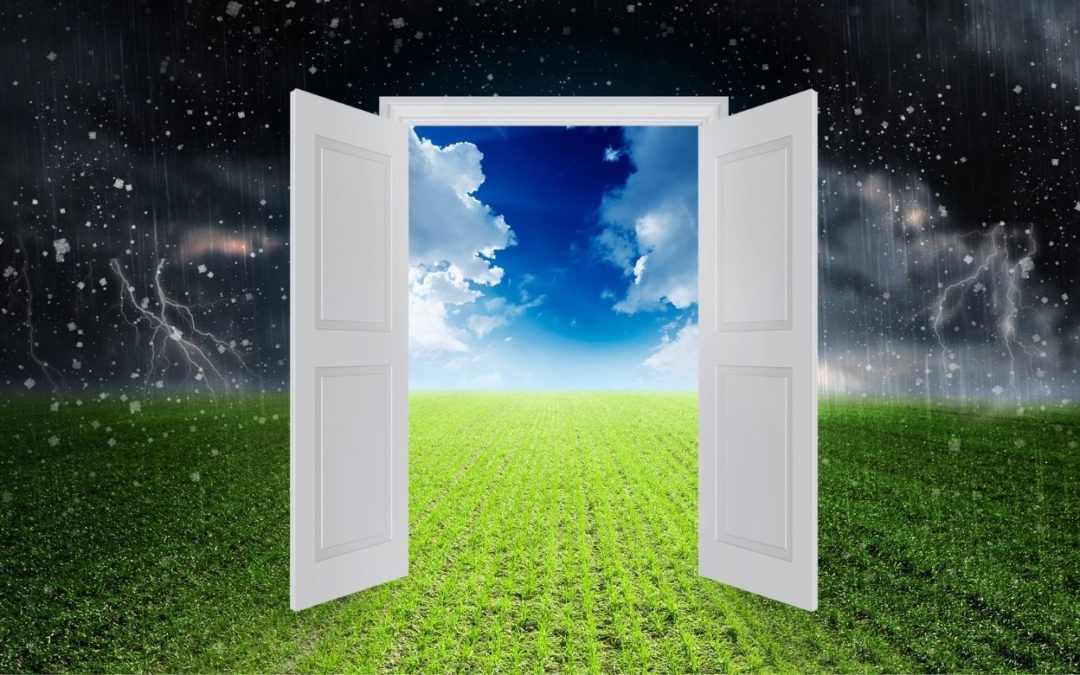 a doorway to clear skies representing the path to opinion vs. input