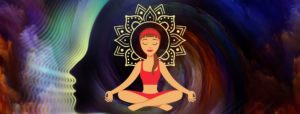 Woman meditating with image of woman's head behind her representing integrate your higher self