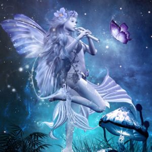 fairy or fae being playing a flute with butterflies and mushrooms