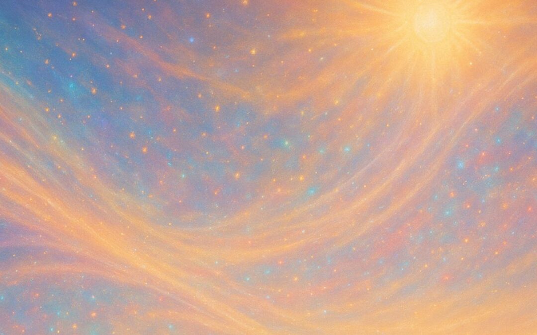 sun and swirling sun rays with blues and oranges and sparkles representing celestial shifts and energies