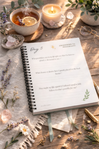 Lightworker reflections journal interior page on desk with tea and candle