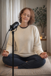 meditating woman with microphone, channeling