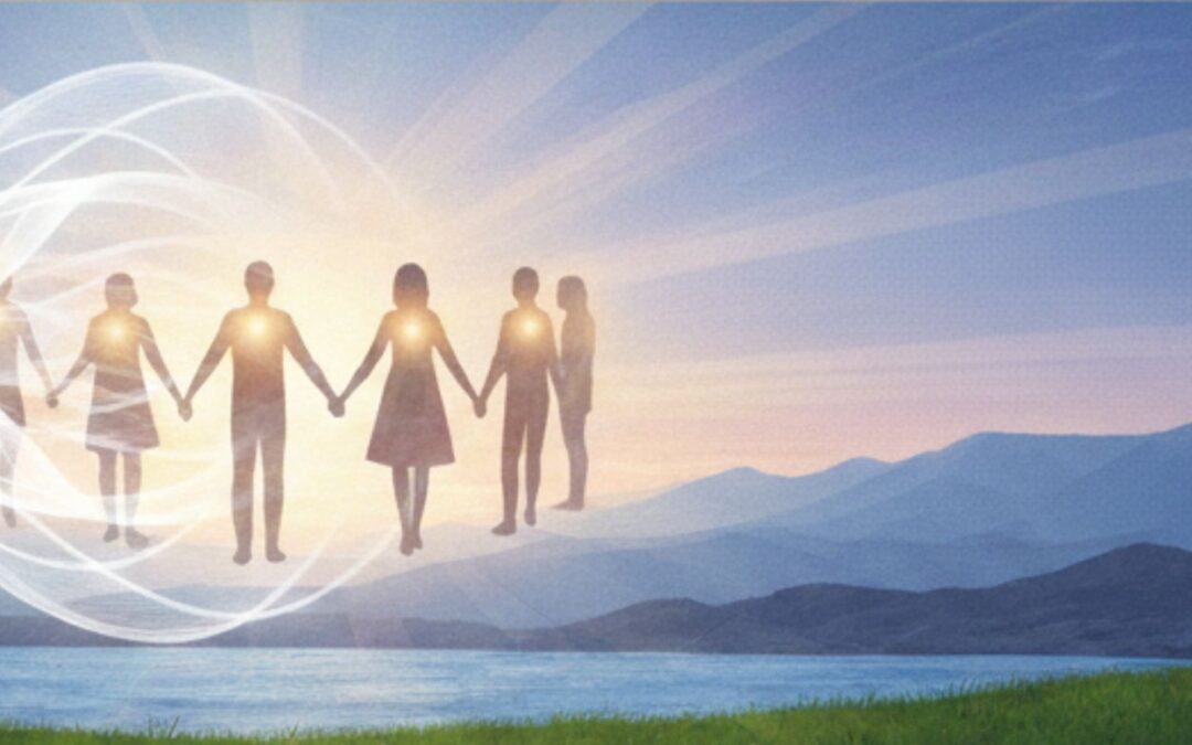 people holding hands within light with mountains in the background and water beneath symbolizing community building and interconnectedness