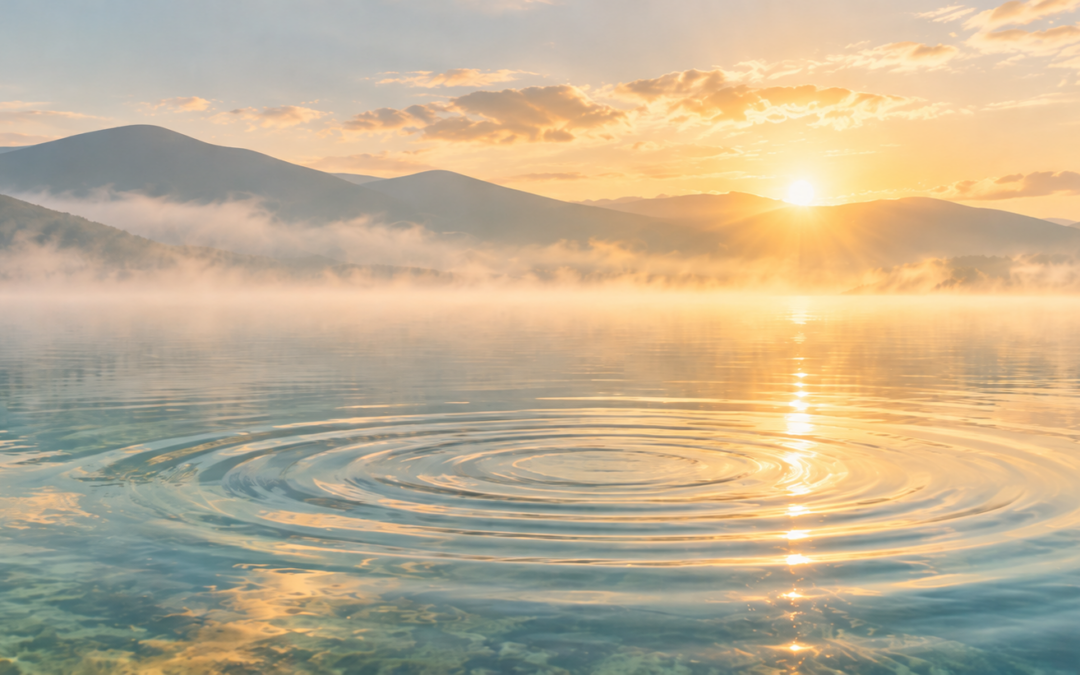 water with ripples and a sunrise over mountains representing freedom from fear loops a channeled message